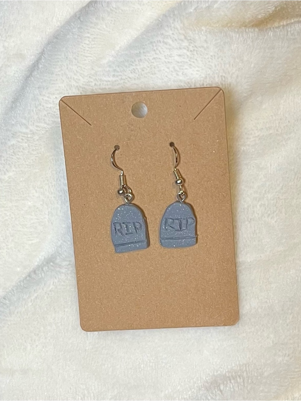 Handcrafted RIP Tombstone Halloween Dangle Earrings - Blue / Gray